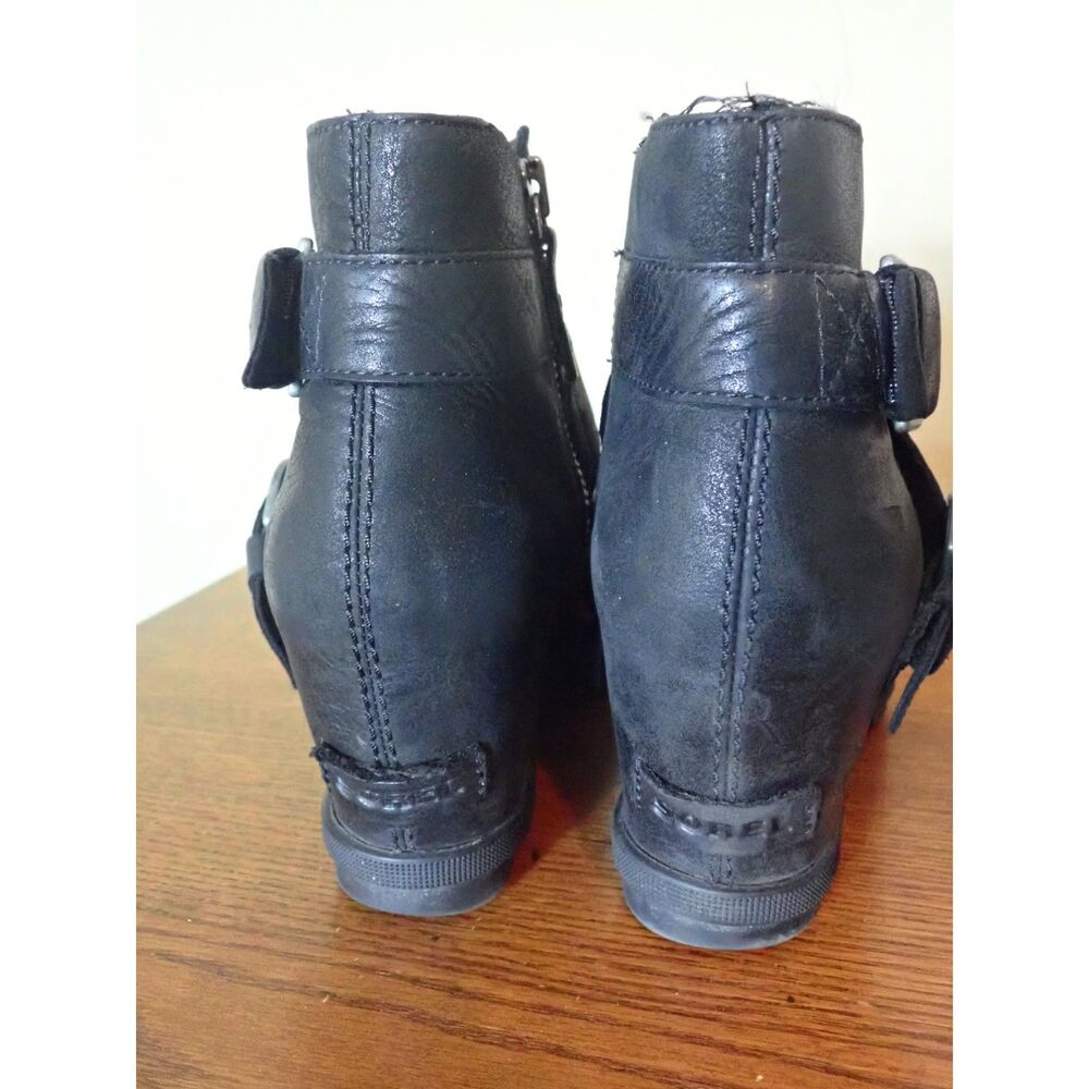Sorel Joan of Arctic Wedge Women 10 Black Leather Hidden Heel Ankle Bootie - Picture 3 of 10